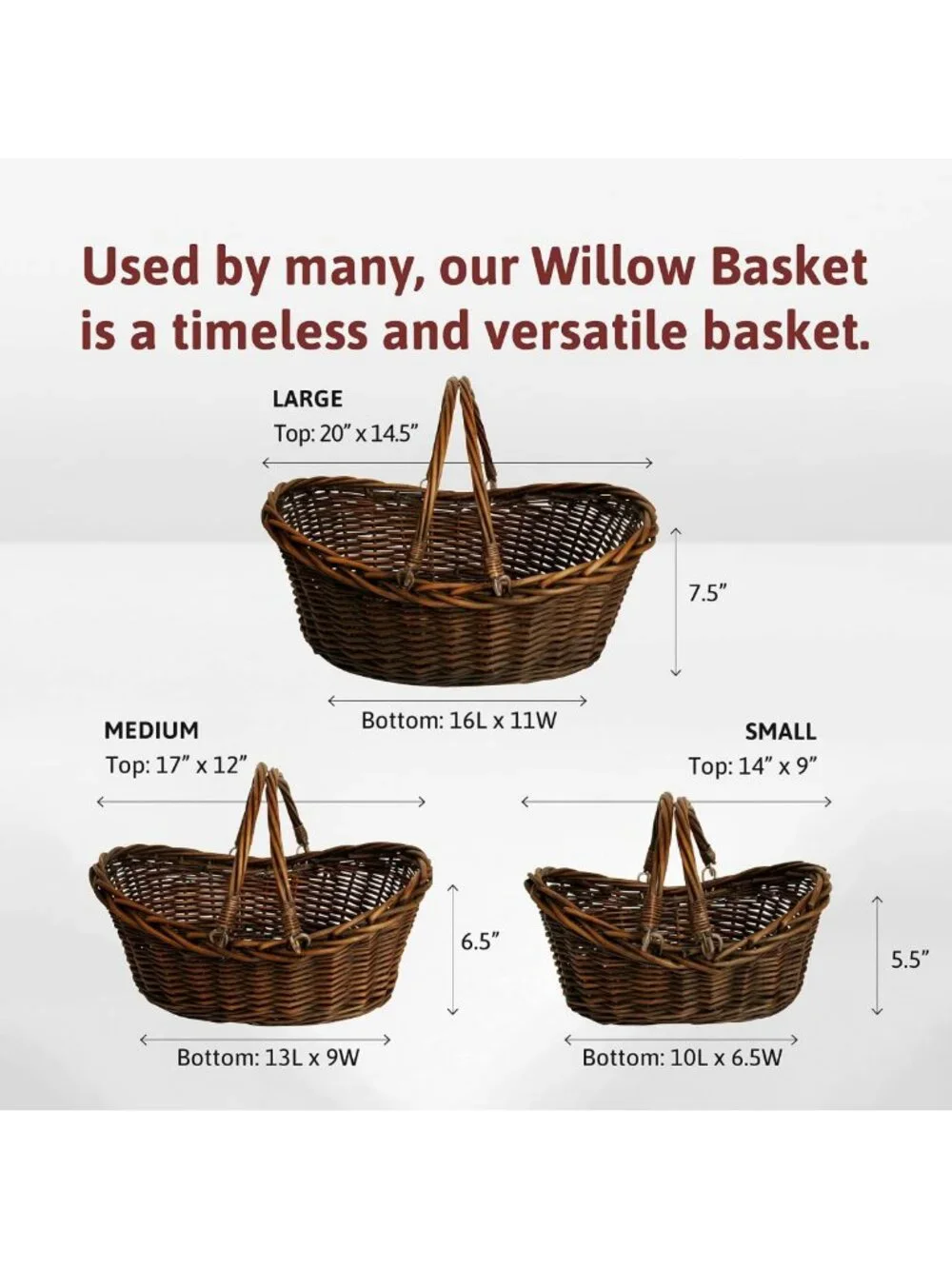Large Hand Woven Dark Brown Wicker Basket with Handle for Storage & Picnics